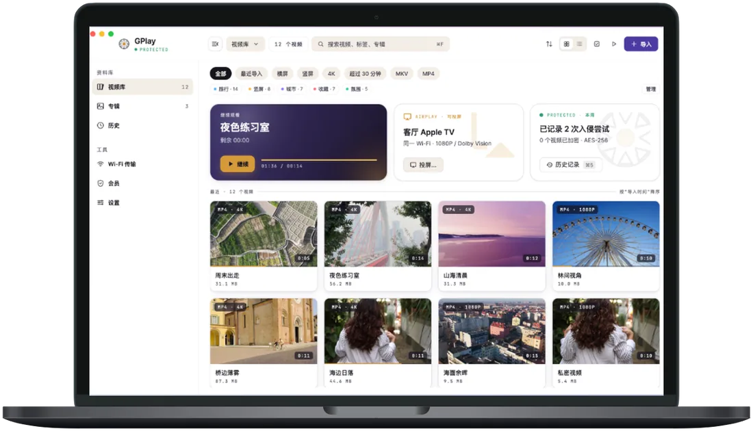 GPlay macOS 视频库界面