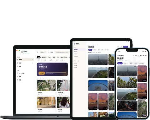 GPlay on Mac, the video library; on iPad, the home waterfall; on iPhone, the home waterfall.